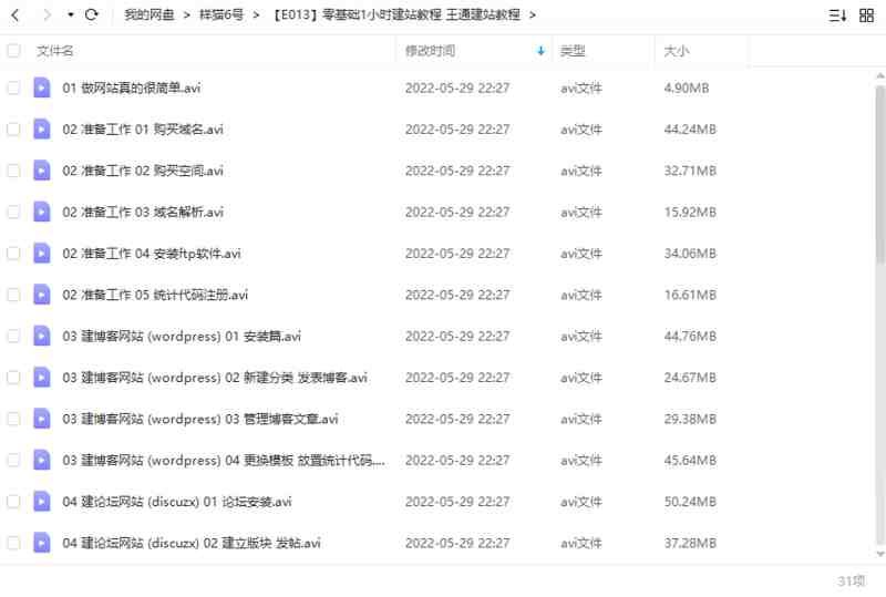 王通建网站零基础教程-1小时建站教学课程视频高清合集[AVI]百度云网盘下载