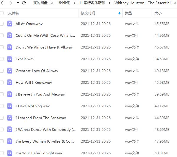 惠特妮·休斯顿/Whitney Houston精选歌曲合集-6张专辑无损音乐打包[WAV]百度云网盘下载